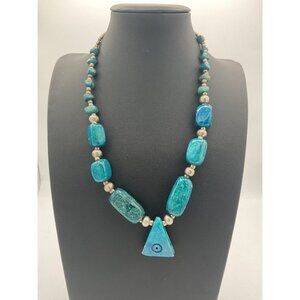 Turquoise Chunky Beaded Necklace With Silver Accents & Triangle Pendant